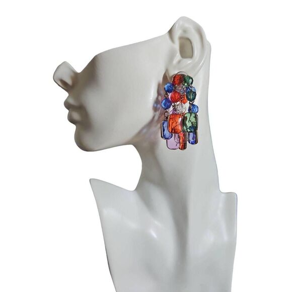 Vintage Multi Colored Cha Cha Dangle Gold Tone Bead Caps  Vintage 1980s Multicolor Cha Cha Beaded Statement Stud Earrings